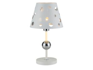 Miniaturka 2 - Biała lampka stołowa Perasano z ażurowym kloszem i metaliczną kulą