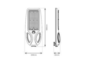 Miniaturka 9 - Schemat wymiarowy latarni solarnej 200 W: długość 608 mm, szerokość 269 mm, grubość 62 mm