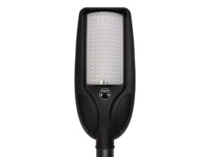 Miniaturka 12 - Czarna latarnia solarna LED 100 W 750 lm z panelem świetlnym, widok z przodu na białym tle