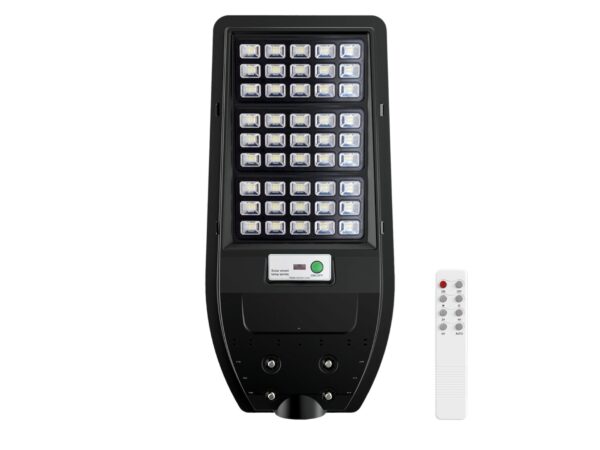 Czarna latarnia solarna LED 1200 lm z pilotem – widok od frontu