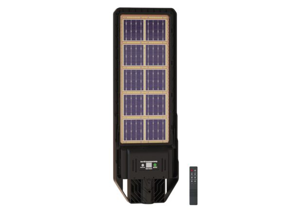 Czarna latarnia solarna LED 2700 lm z pilotem – pełny widok