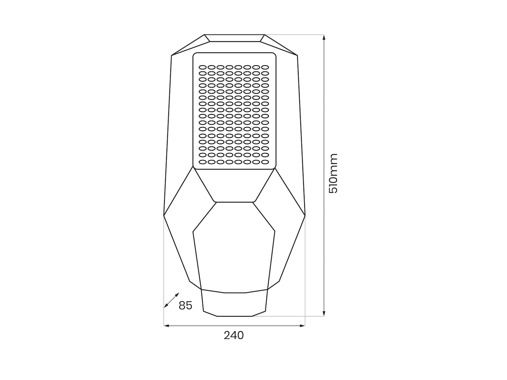 Latarnia solarna LED – rysunek wymiarów 510 × 240 × 85 mm