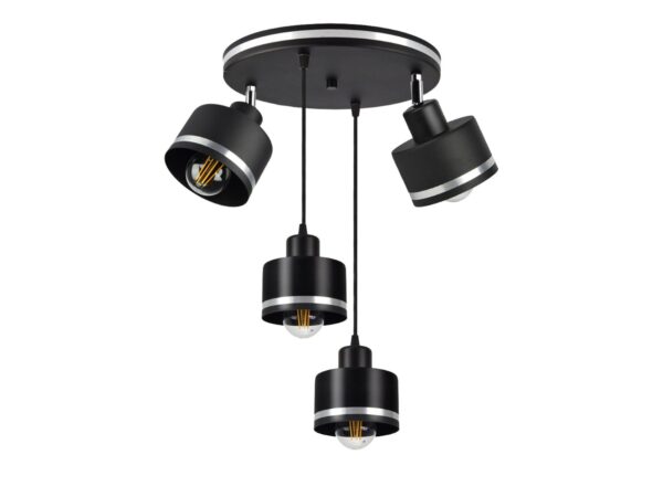 Lampa wisząca Lavedano czarna z czterema kloszami i srebrnymi akcentami na białym tle