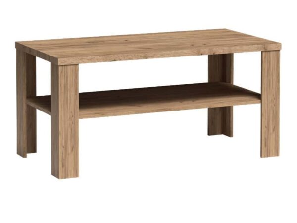 Ława Ambrina Kraft złoty 120 cm, widok na blat, nogi i otwartą półkę