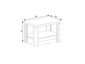 Miniaturka 2 - Rysunek wymiarowy ławy Kalmeo z blatem 90 na 63 cm i wysokością 61 cm