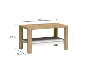 Miniaturka 1 - Ława kawowa Nalvio 110 cm z białą półką i oznaczeniem wymiarów