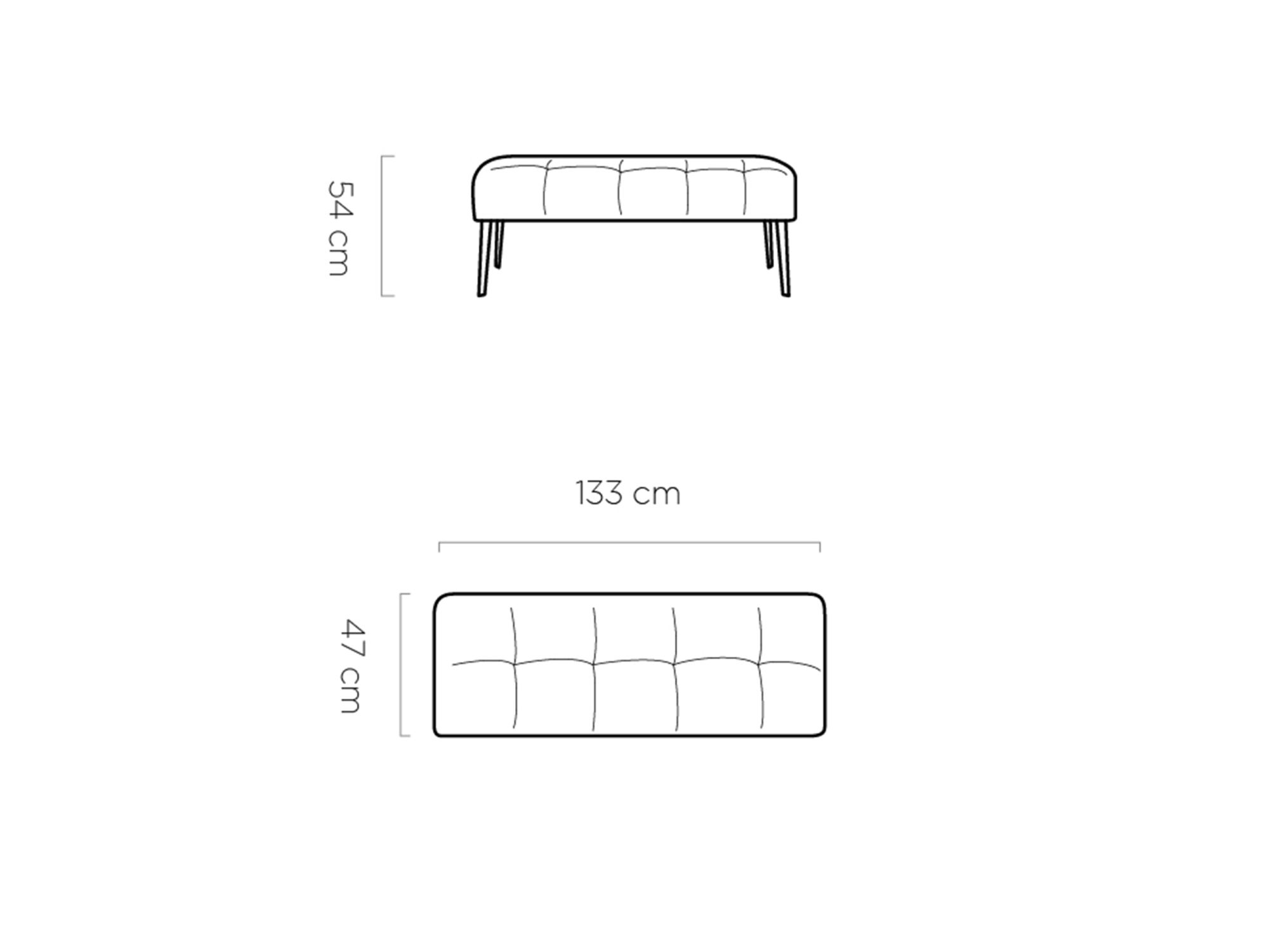 Ławka Milvero – rysunek z wymiarami 133 × 47 cm, wysokość 54 cm