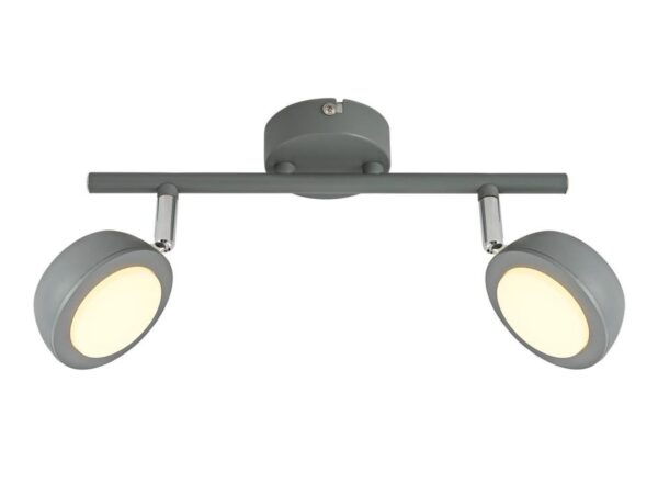 Szara listwa sufitowa Belona z dwoma reflektorami LED i chromowanymi łącznikami.