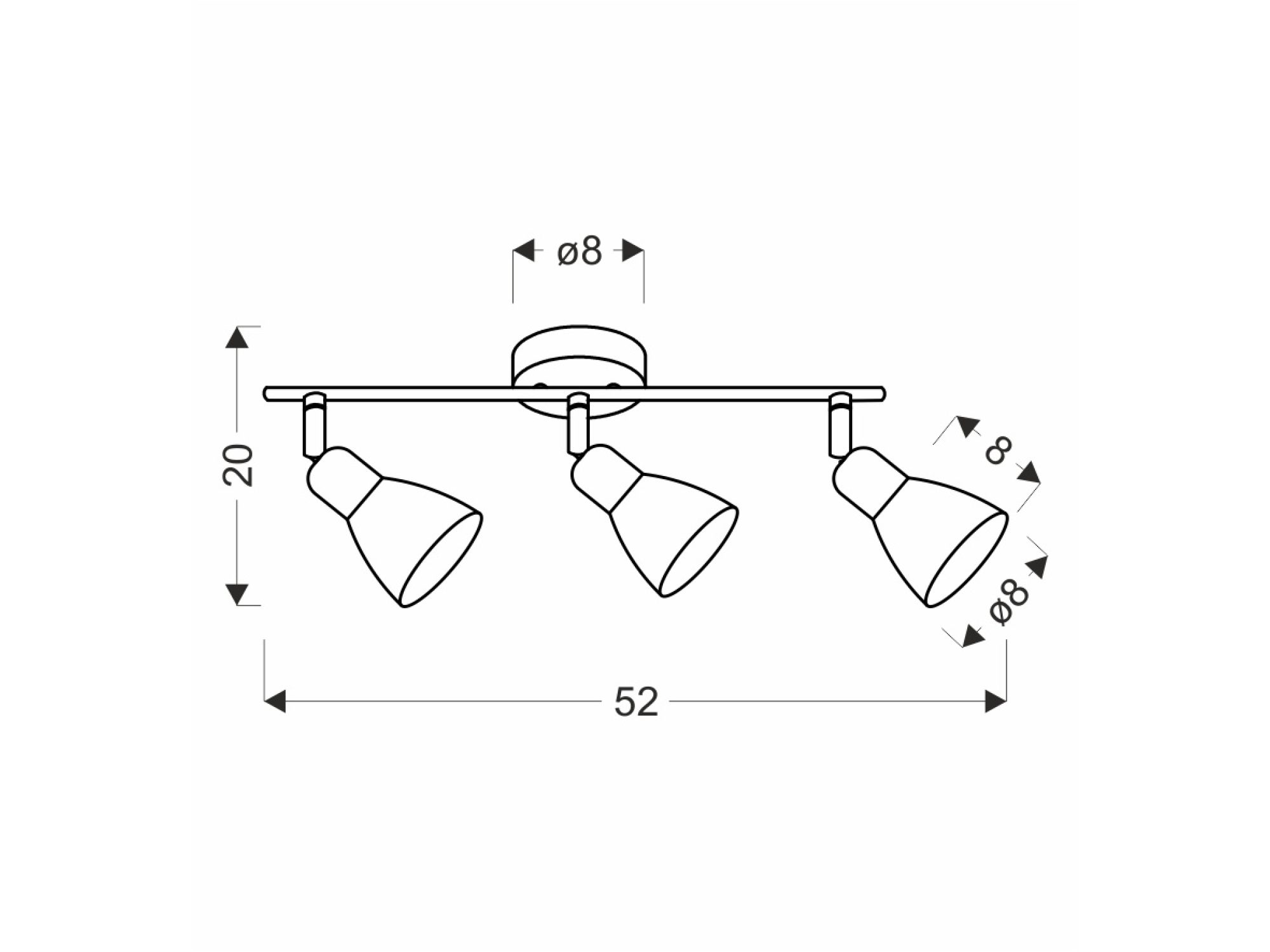 Listwa sufitowa Everena 3-punktowa – rysunek wymiarów 52 na 20 cm