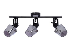 Miniaturka 4 - Listwa sufitowa Isamina z trzema dymionymi geometrycznymi kloszami i czarną metalową belką
