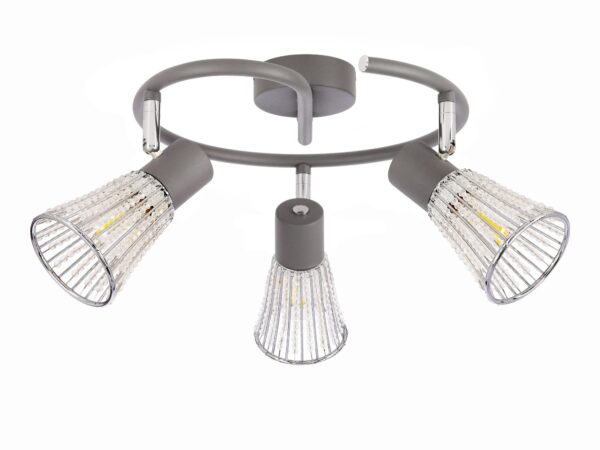Szara spiralna lampa sufitowa Narevia z trzema metalowymi koszyczkami i przejrzystymi elementami