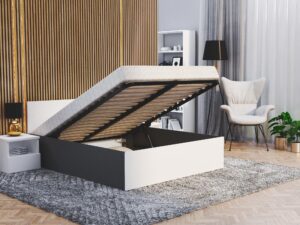 Miniaturka 6 - Łóżko BASEL Lift szary korpus biały front w aranżacji z otwartym pojemnikiem