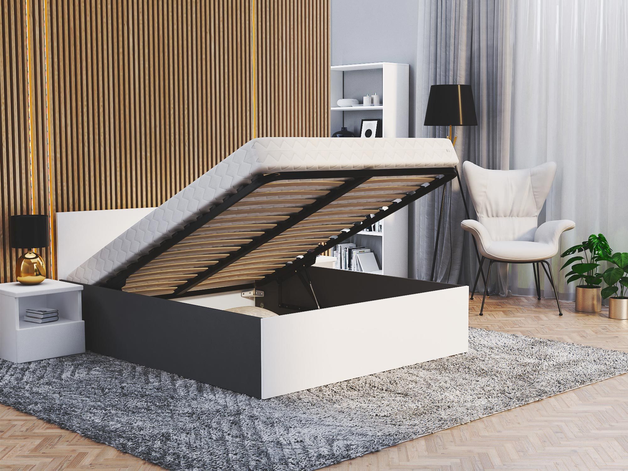 Łóżko BASEL Lift szary korpus biały front w aranżacji z otwartym pojemnikiem
