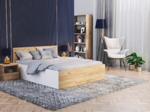 Miniaturka 1 - Łóżko BASEL Lift Wood biały i dąb craft w sypialni ze złożonym stelażem