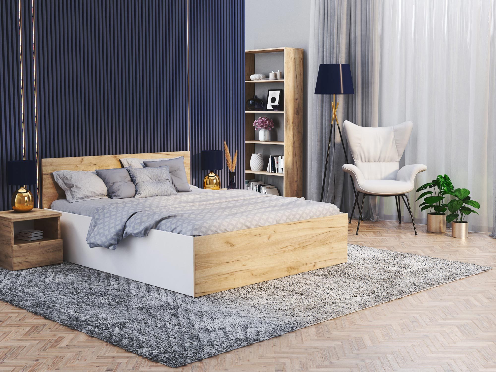 Łóżko BASEL Lift Wood biały i dąb craft w sypialni ze złożonym stelażem