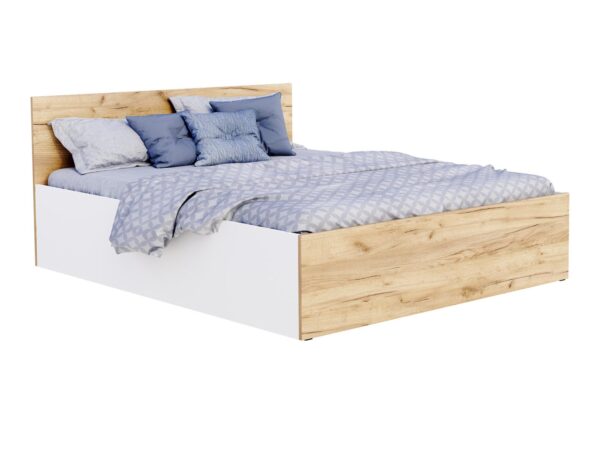 Łóżko BASEL Lift Wood biały korpus i dąb craft – widok z przodu pod kątem