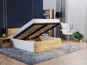 Miniaturka 2 - Łóżko BASEL Lift Wood z podniesionym stelażem i otwartym pojemnikiem