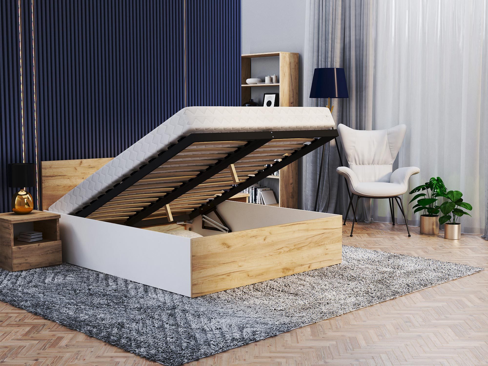 Łóżko BASEL Lift Wood z podniesionym stelażem i otwartym pojemnikiem