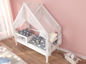 Miniaturka 3 - Łóżko domek Pevano w pokoju dziecka z różową ścianą