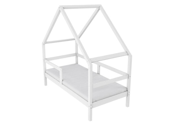 Łóżko domek Pevano 80×160 cm białe – sosnowa rama z dachem na białym tle