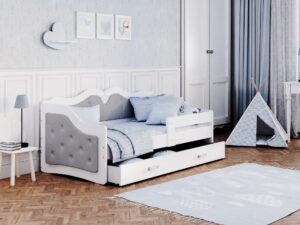 Miniaturka 5 - Szare łóżko dziecięce Emi T G z guzikami w jasnym pokoju dziecka