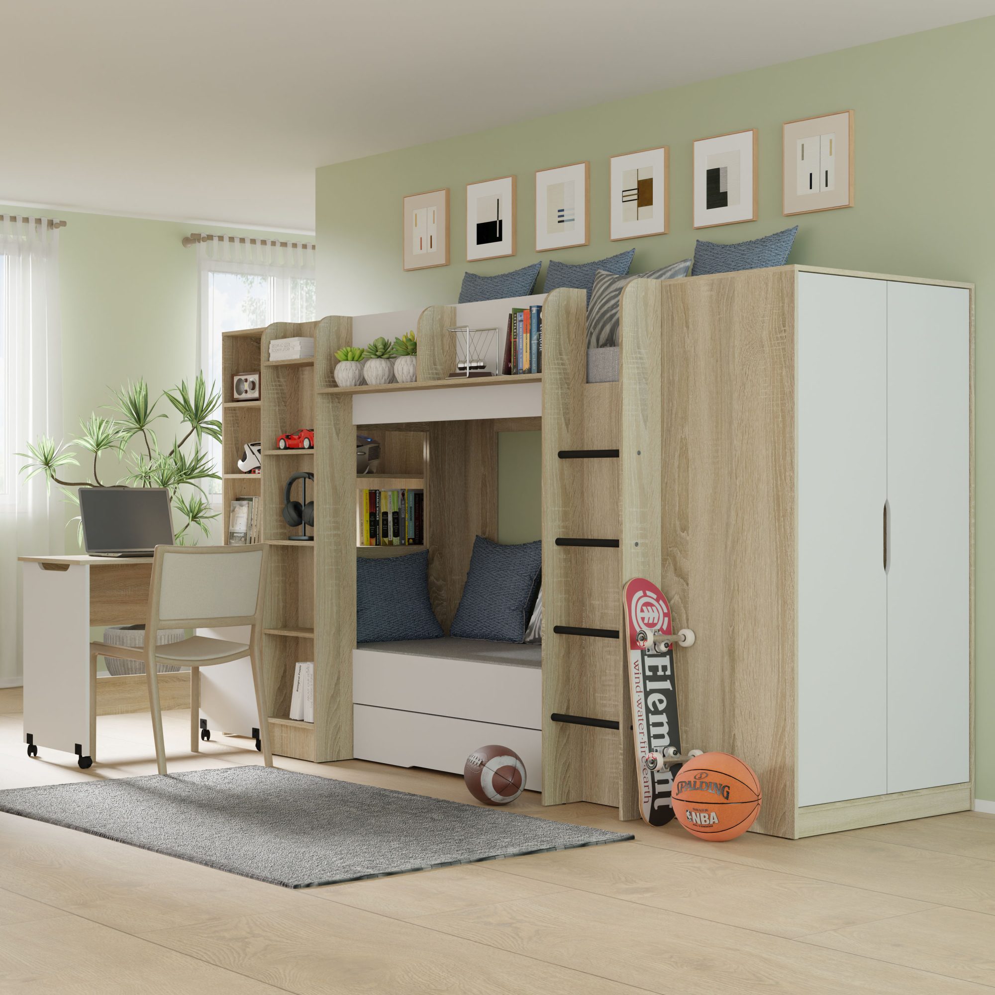 Łóżko piętrowe Simi 204 cm sonoma aranzacja b