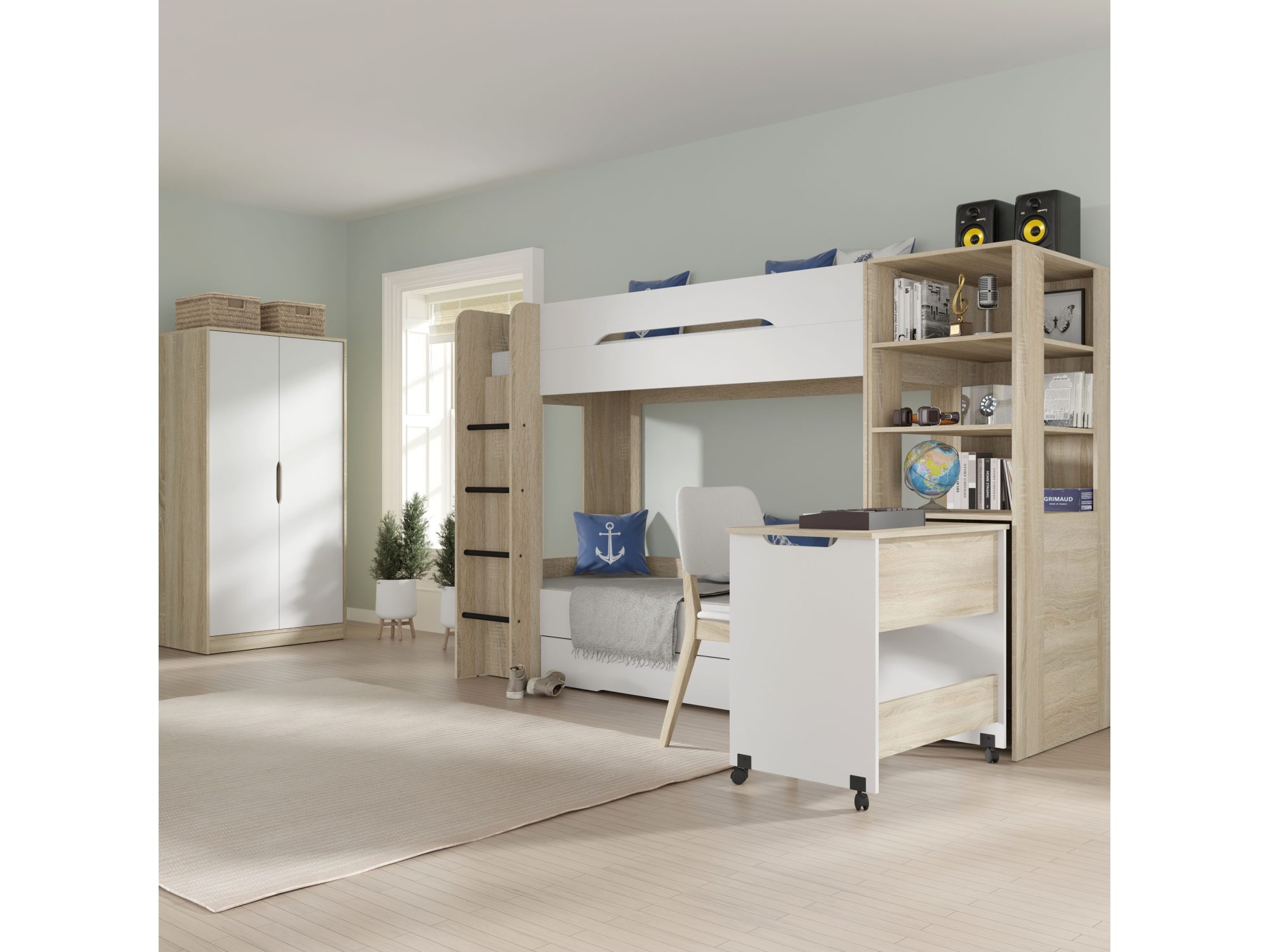 Łóżko piętrowe z szufladą Simi L 204 cm sonoma/biały, craft/grafit – zdjęcie 3