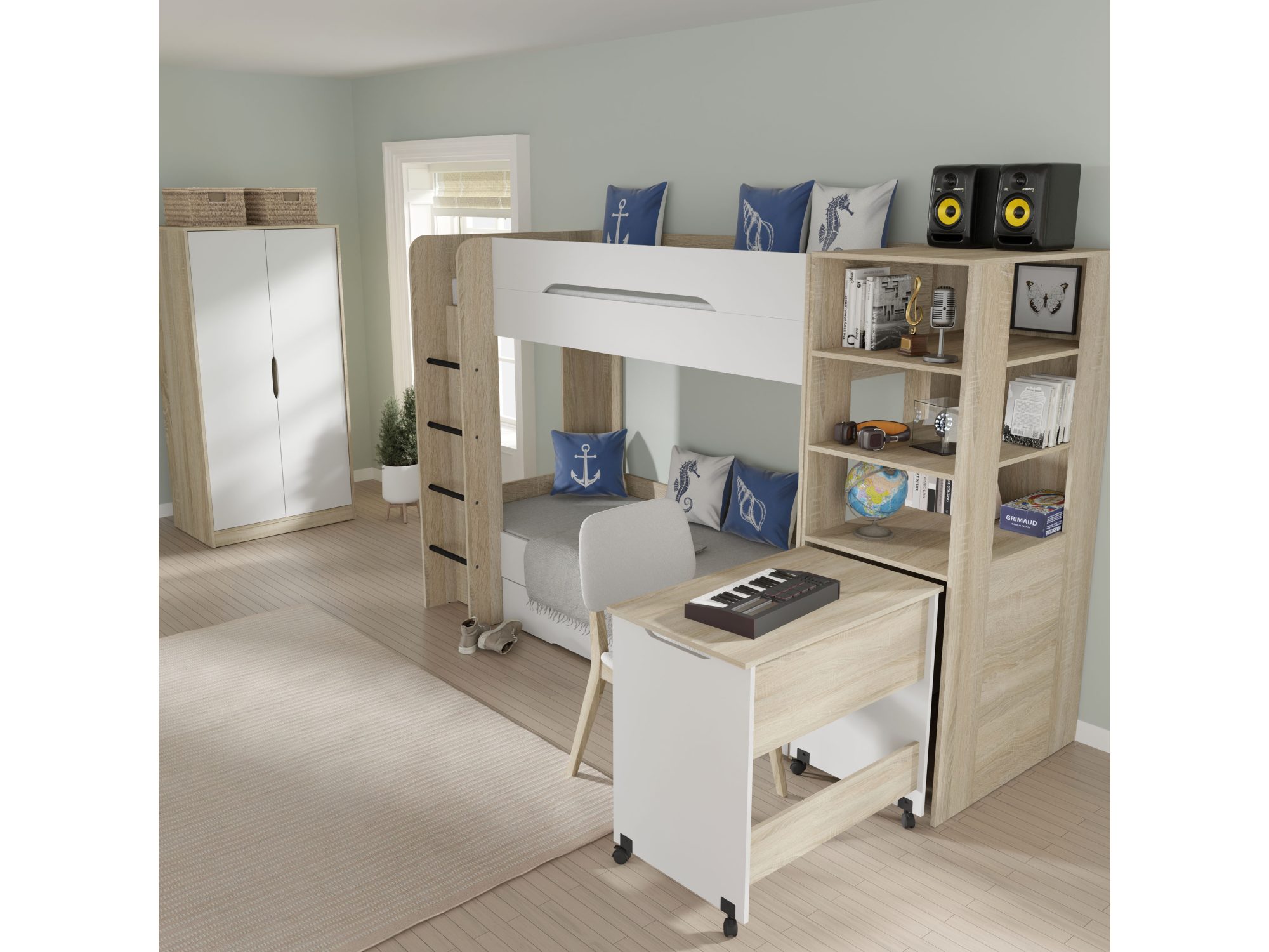 Łóżko piętrowe z szufladą Simi L 204 cm sonoma/biały, craft/grafit – zdjęcie 4