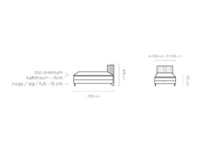 Miniaturka 7 - Rysunek wymiarowy łóżka Nepvero – długość 209 cm, wysokość 105 cm