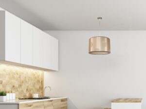 Miniaturka 1 - Lampa wisząca Lumilia beżowa nad blatem kuchennym w jasnej aranżacji