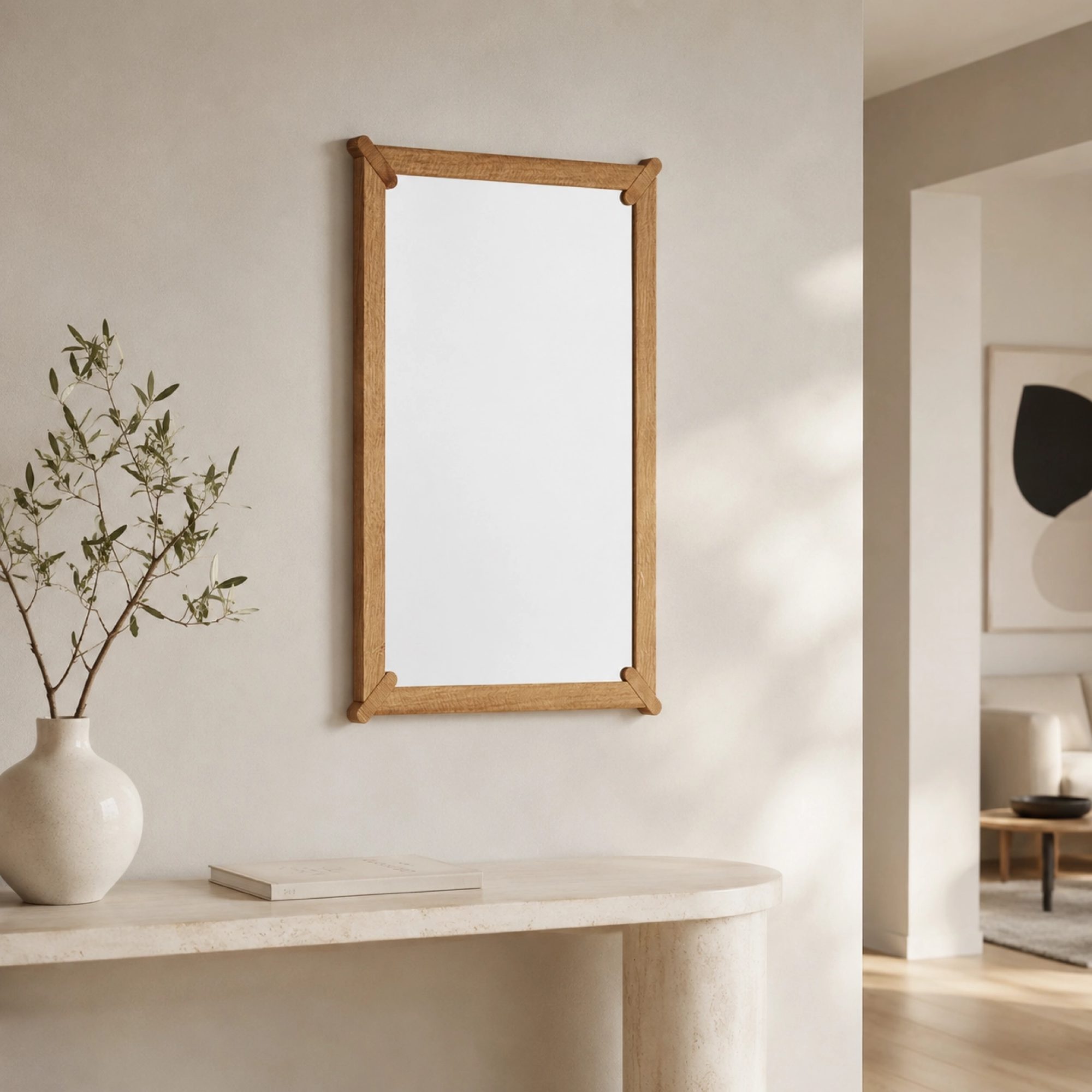 Lustro wiszące Daverna z litego dębu, jasna naturalna rama 73 × 103 cm
