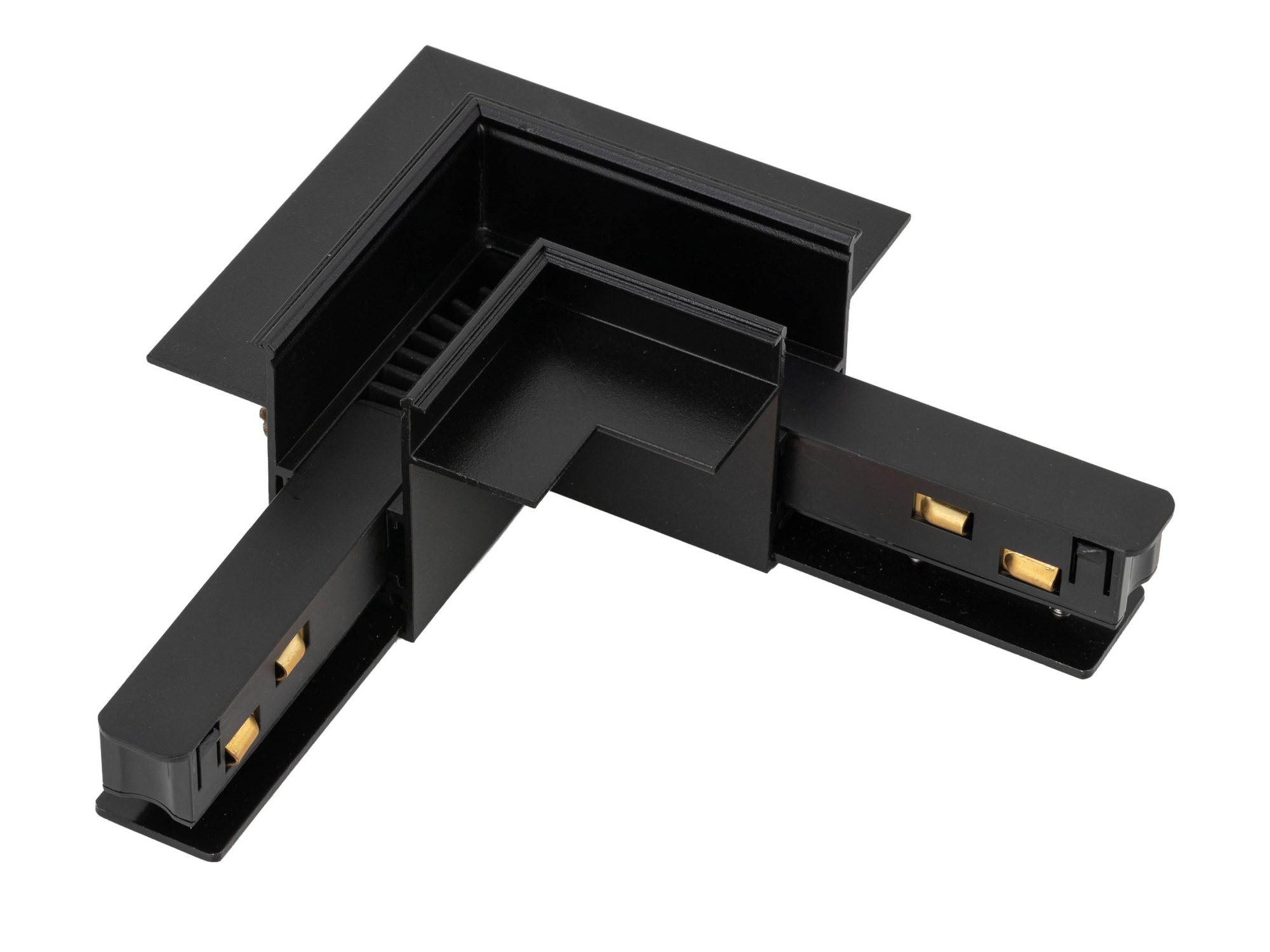 Czarny łącznik L Flex Magnetic Easy do szyny podtynkowej na białym tle