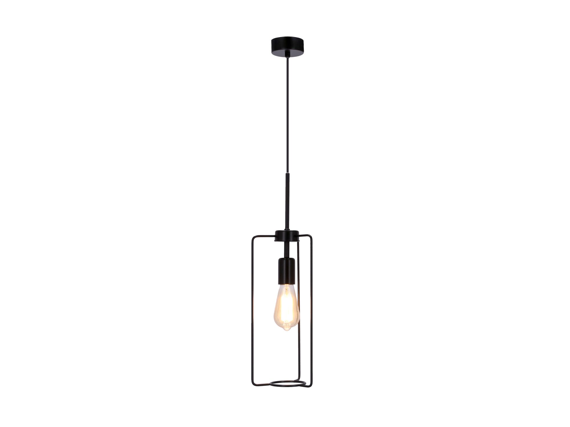 Lampa wisząca Malatano z zapaloną żarówką w czarnej metalowej ramie