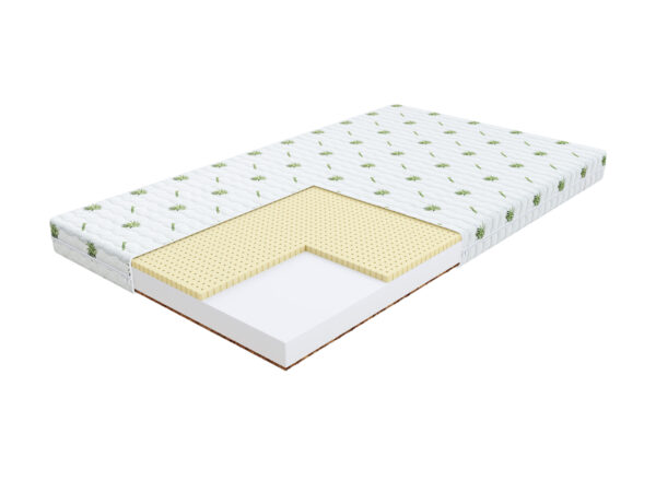 Materac dziecięcy lateksowy z kokosem KERANO — przekrój materaca z warstwami, na białym tle