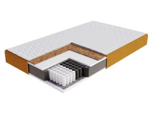 Miniaturka 9 - Materac kieszeniowy tapicerowany z kokosem Vellaro — przekrój warstw, boki w kolorze miodowym, na białym tle