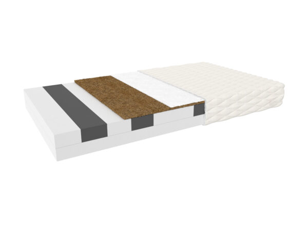 Materac piankowy 7-strefowy z kokosem BELVINO — przekrój materaca z warstwami, na białym tle
