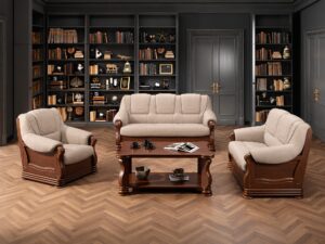 Miniaturka 1 - Komplet wypoczynkowy Parvero w jasnobeżowej tkaninie — fotel, sofa trzyosobowa i sofa dwuosobowa z drewnianymi podłokietnikami w aranżacji salonu z regałami