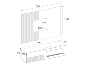 Miniaturka 3 - Wymiary meblościanki Edorino 160 cm z biokominkiem