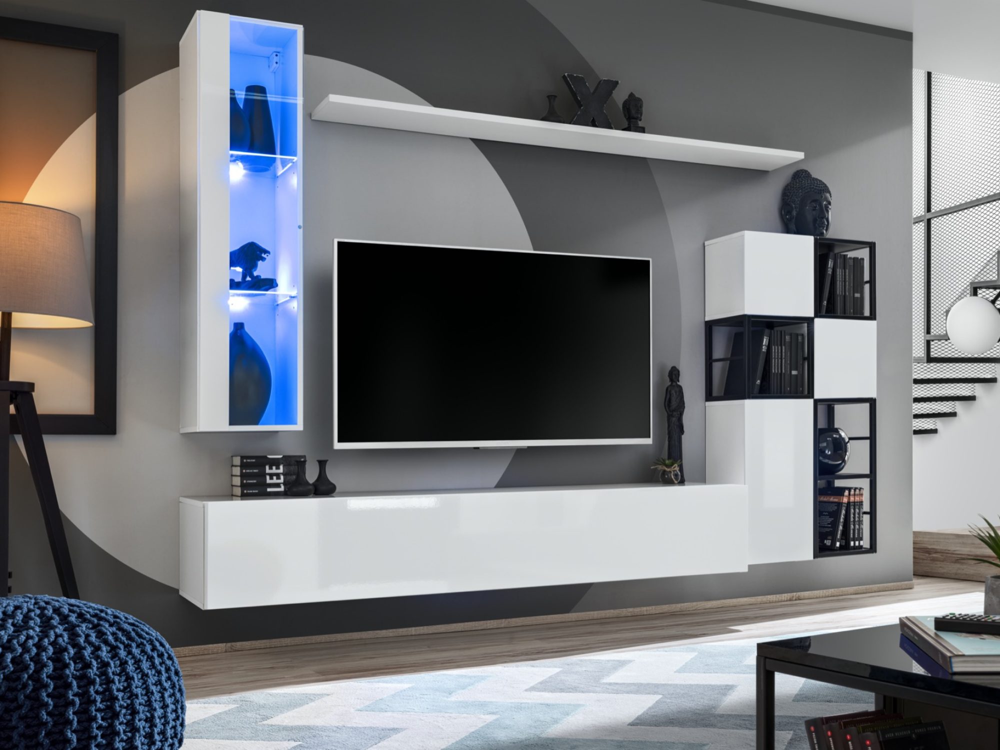 Meblościanka Kelmoro 250 cm z 2 metalowymi regałami i witryną LED w aranżacji salonu