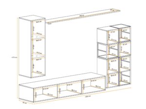 Miniaturka 2 - Meblościanka Kelmoro 250 cm z 2 metalowymi regałami i witryną LED – rysunek z wymiarami