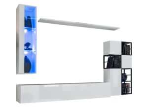 Miniaturka 5 - Meblościanka Kelmoro 250 cm z 2 metalowymi regałami i witryną LED – Modułowa szafka biała z LED i otwartymi półkami