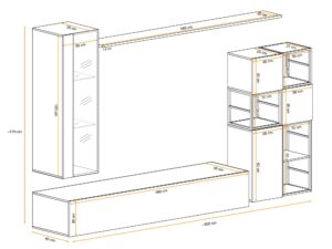 Miniaturka 3 - Meblościanka Kelmoro 250 cm z 2 metalowymi regałami i witryną LED – rysunek z wymiarami, widok 2