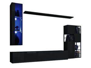 Miniaturka 4 - Meblościanka Kelmoro 250 cm z 2 metalowymi regałami i witryną LED – Czarna szafka z LEDem niebieskim