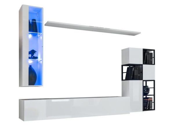 Meblościanka Kelmoro 250 cm z 2 metalowymi regałami i witryną LED – Modułowa szafka biała z LED i otwartymi półkami