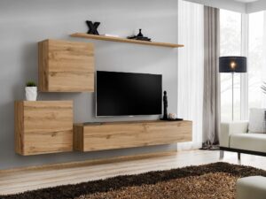 Miniaturka 3 - Meblościanka Kelmoro 250 cm z 2 szafkami wiszącymi – Wisząca szafka z drewna jasnego z półkami