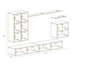 Miniaturka 2 - Meblościanka Kelmoro 270 cm z ryflowanymi frontami i 2 wysokimi szafkami – rysunek z wymiarami