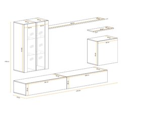 Miniaturka 3 - Meblościanka Kelmoro 270 cm z ryflowanymi frontami, witrynami i 2 szafkami RTV – rysunek z wymiarami, widok 2