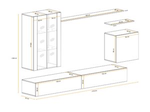 Miniaturka 4 - Meblościanka Kelmoro 270 cm z ryflowanymi frontami, witrynami i 2 szafkami RTV