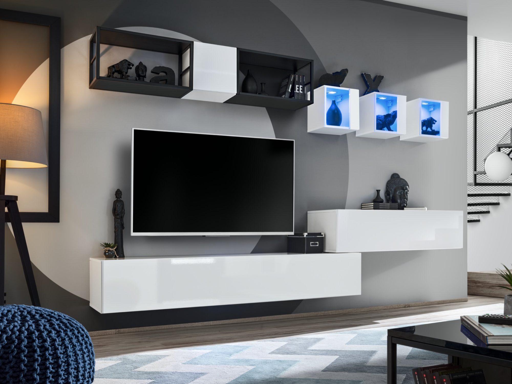 Meblościanka Kelmoro 280 cm z 2 metalowymi regałami i 3 witrynami LED