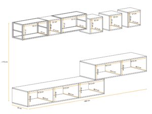 Miniaturka 3 - Meblościanka Kelmoro 280 cm z 2 metalowymi regałami i 3 witrynami LED – rysunek z wymiarami